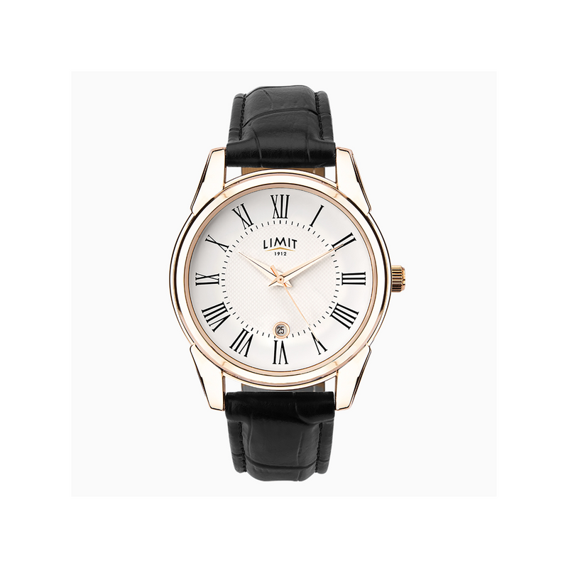 Limit Men's Classic Watch With Rose Gold Case, Black Strap with White Dial & Date Feature Newbridge Silverware