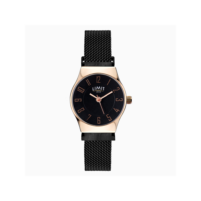 Limit Ladies Classic Watch With Rose Gold Case, Black Mesh with Black Dial Newbridge Silverware