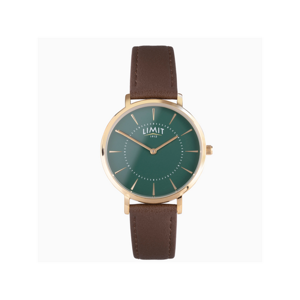 Limit Men's Classic Watch With Gold Case, Brown Strap with Green Dial Newbridge Silverware