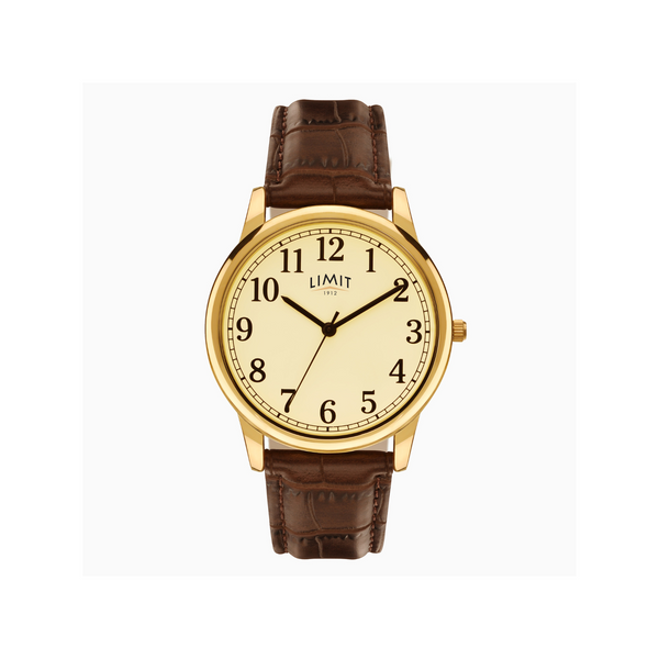 Limit Men's Classic Watch With Gold Case, Brown Strap with Cream Dial Newbridge Silverware