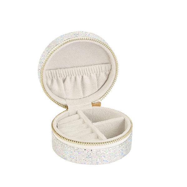 Round Jewellery Box With Silver Glitter Finish