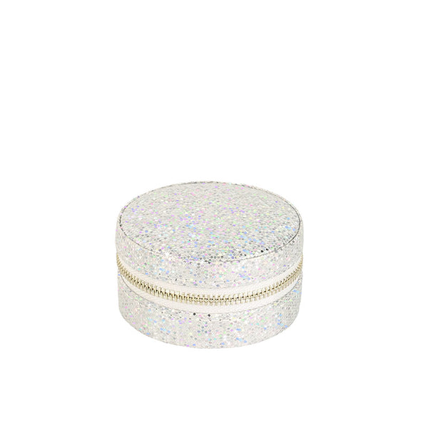 Round Jewellery Box With Silver Glitter Finish