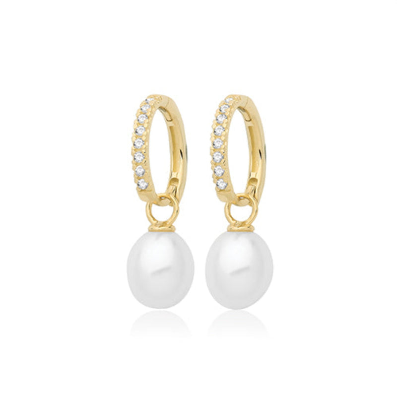 9CT Yellow Gold CZ Pearl Drop Hoops