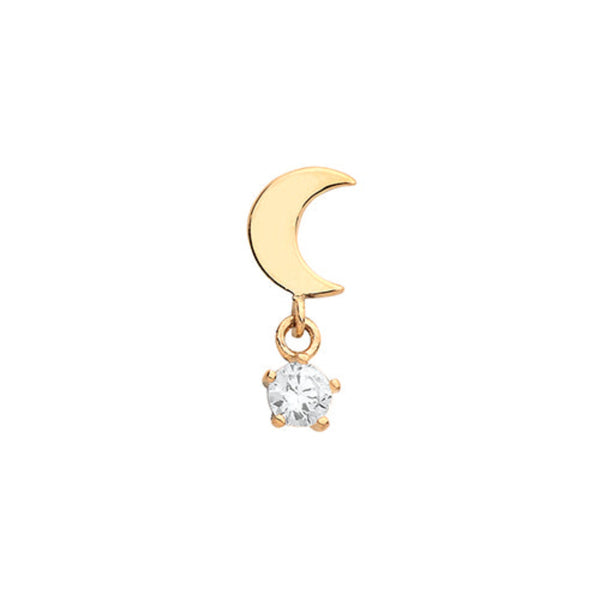Moon Cartilage 6MM Post Stud With Dangle CZ- 9ct Yellow Gold