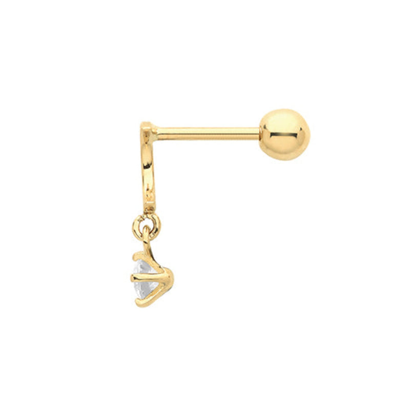 Moon Cartilage 6MM Post Stud With Dangle CZ- 9ct Yellow Gold