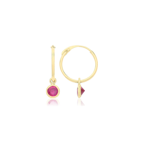 Sleepers with Hanging Ruby CZ - 9ct Yellow Gold