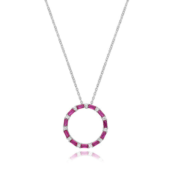 Ruby Cubic Zirconia Circle Necklace - Silver Rhodium Plated