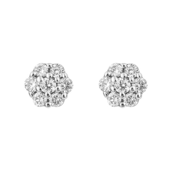 Small Flower Stud Earrings With Diamond Stones - 9ct White Gold