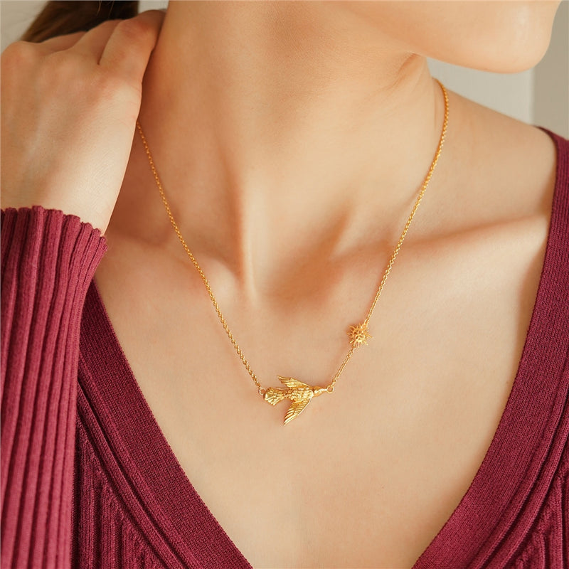 Gold Plated Necklace with Bird & Sun Charm
