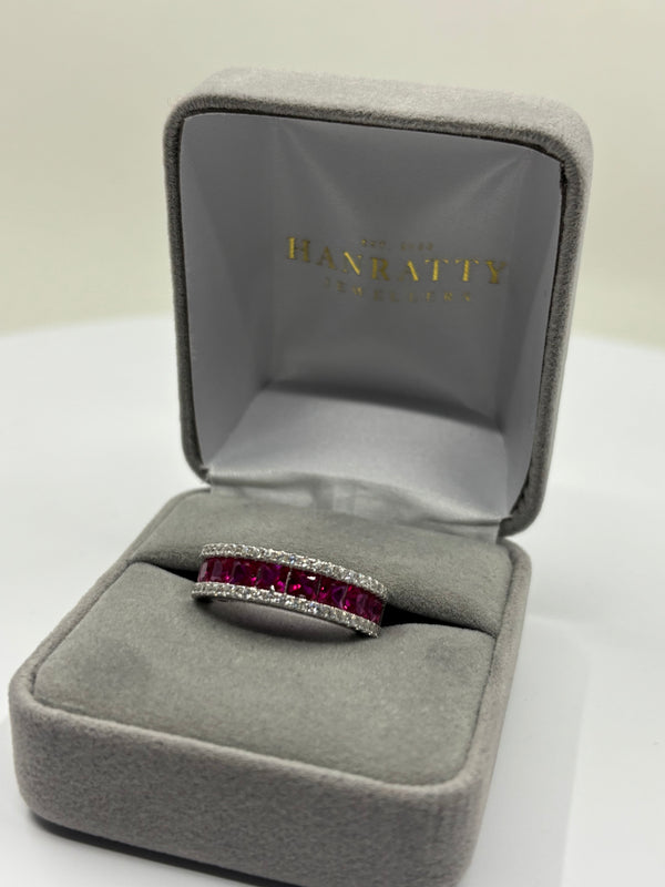 Ruby & Cubic Zirconia Band Ring  - Sterling Silver
