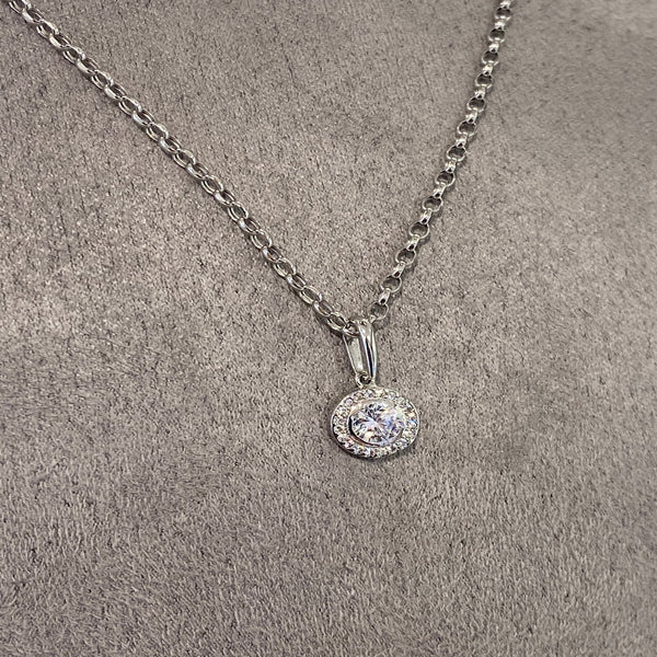 Halo Style CZ Necklace - White Gold