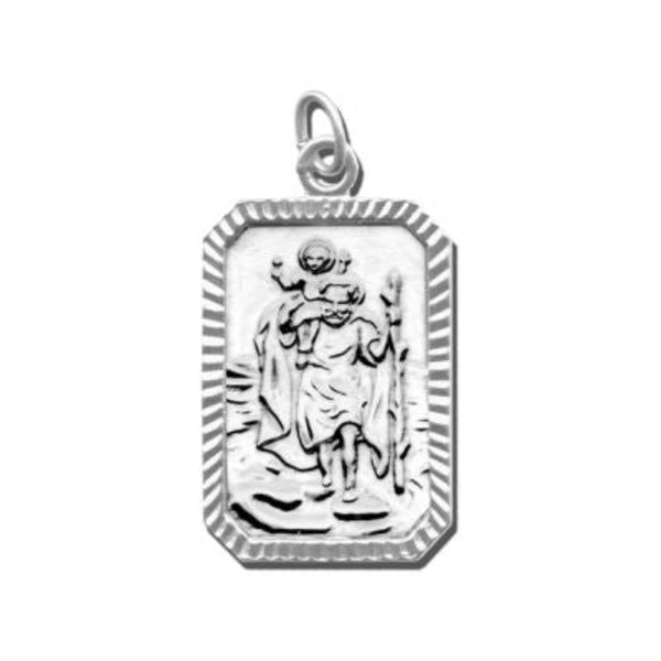 Scalloped Rectangle St Christopher Medal - Sterling Silver