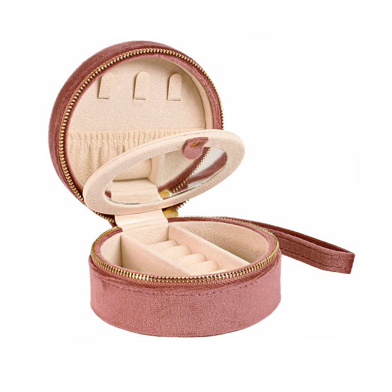 Round Powder Pink Jewellery Box In Man-Made Velvet With Mirror
