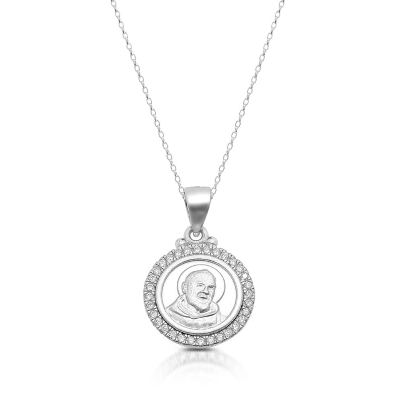 Padre Pio Medal Studded With Cubic Zirconia - Sterling Silver