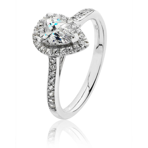 Pear Shape Halo Style CZ Ring - Silver Rhodium