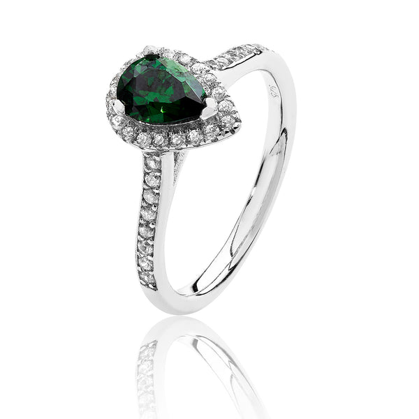 Pear Shape Halo Style Emerald Ring - Silver Rhodium