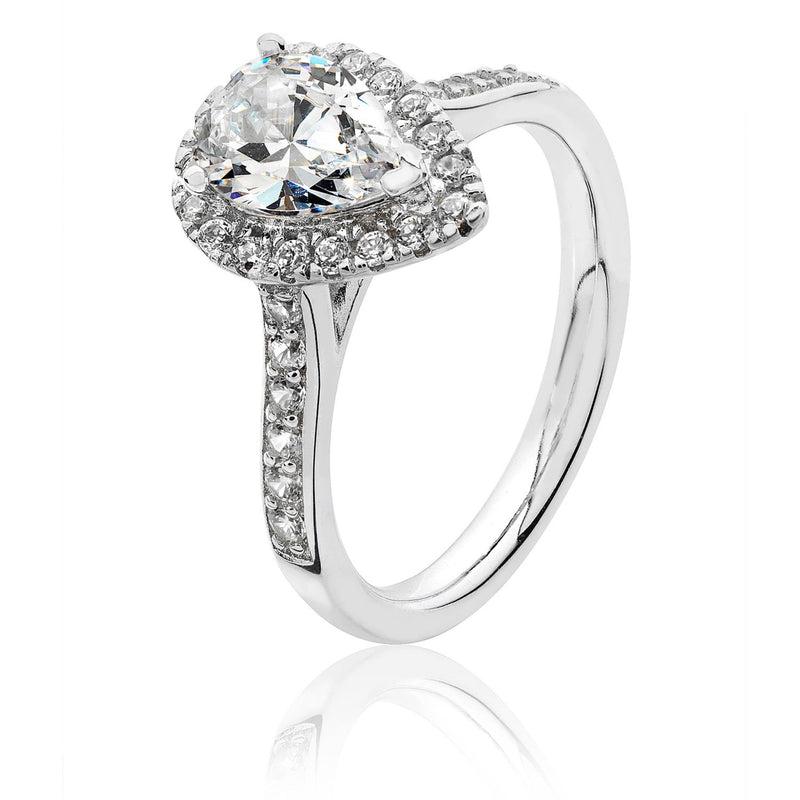 Pear Shape Halo Style CZ Ring Large - Silver Rhodium