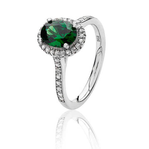 Oval Cut Halo Style Emerald Green Ring - Silver Rhodium