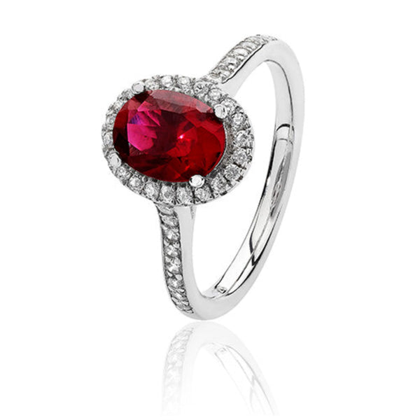 Oval Shape Halo Style Ruby Ring - Silver Rhodium