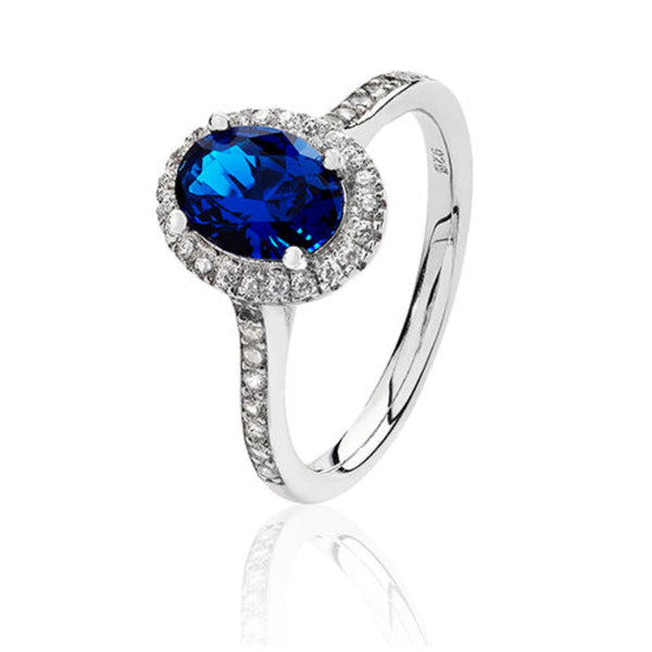Oval Shape Halo Style Sapphire Ring - Silver Rhodium