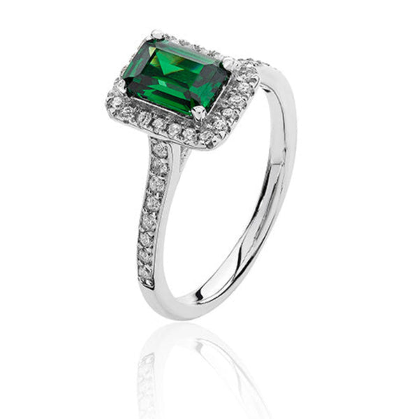 Halo Style Emerald Green Ring - Silver Rhodium