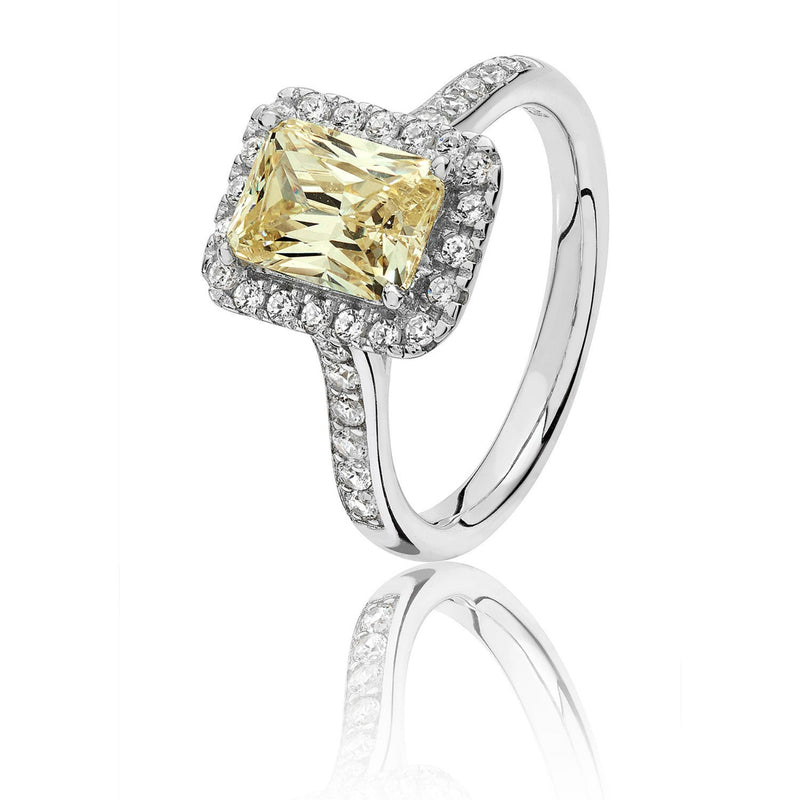 Halo Style Yellow CZ Ring - Silver Rhodium