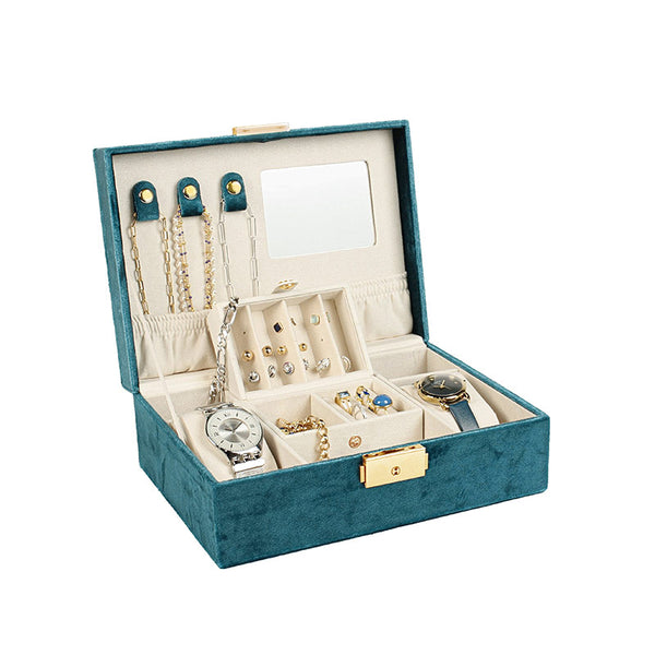 Teal Velvet Jewellery Box With Lock And Mirror