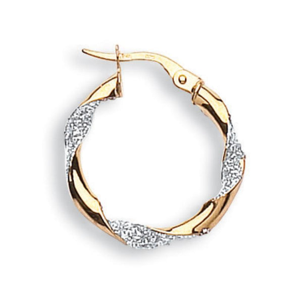 Glitter Finish Twisted Small Hoop Earrings - 9CT YELLOW & WHITE GOLD - Hanratty Jewellers