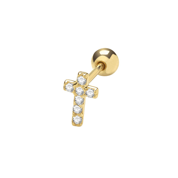 CZ Cross 6mm Post Stud Piercing - 9ct Yellow Gold