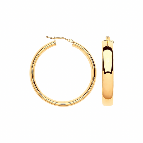 35mm Court Shape Tube Hoop Earrings - 9ct Yellow Gold