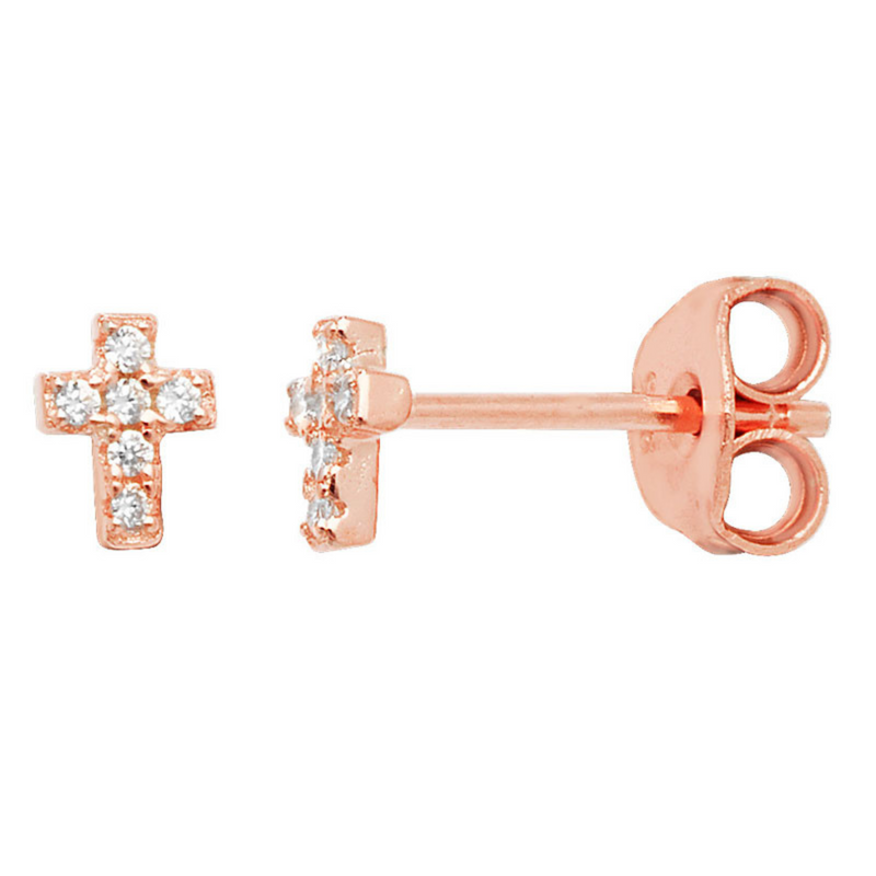 Cross CZ Stud Earrings - Rose Gold Plated