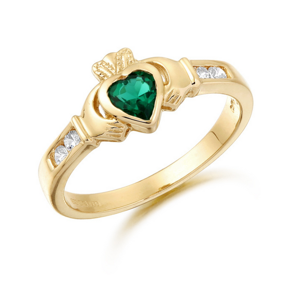 May Birthstone Claddagh Ring - 9ct Yellow Gold