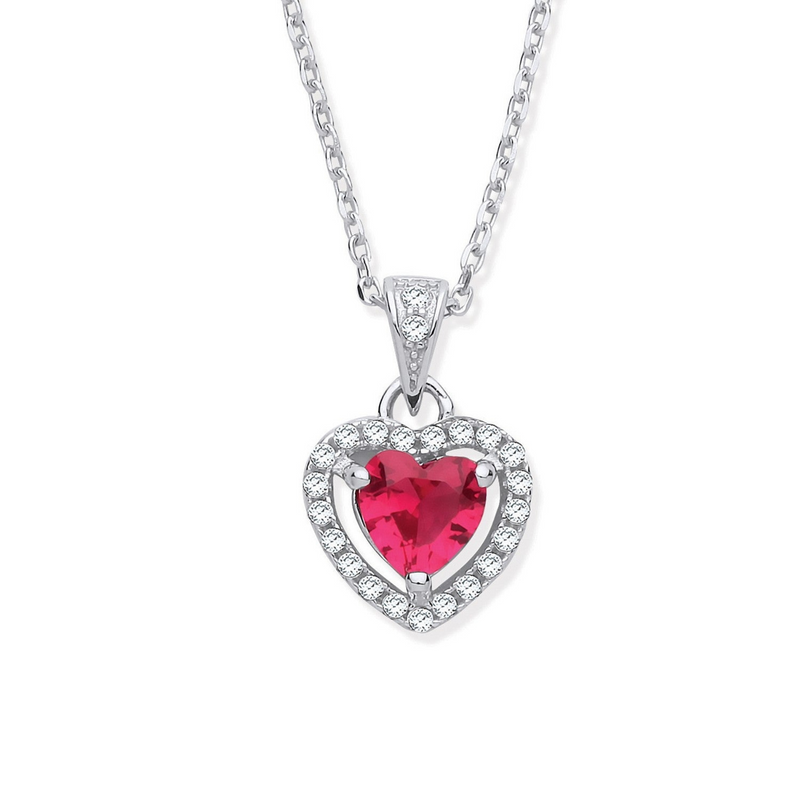 Ruby CZ Halo Heart Necklace - Sterling Silver