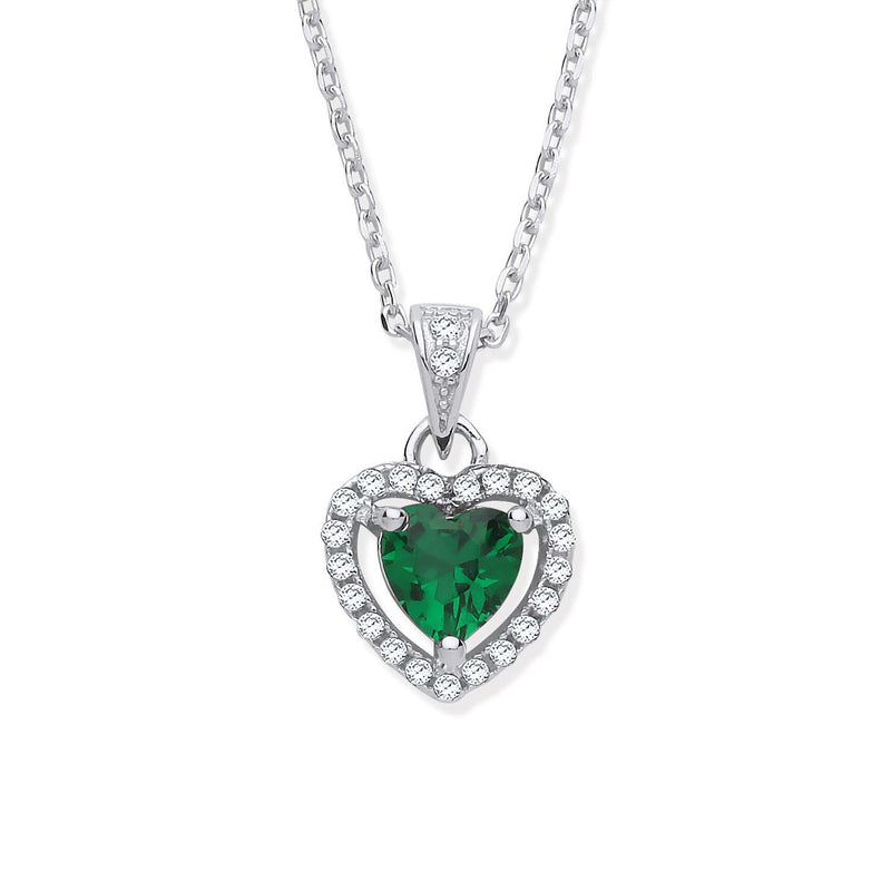 Emerald CZ Halo Heart Necklace Sterling Silver