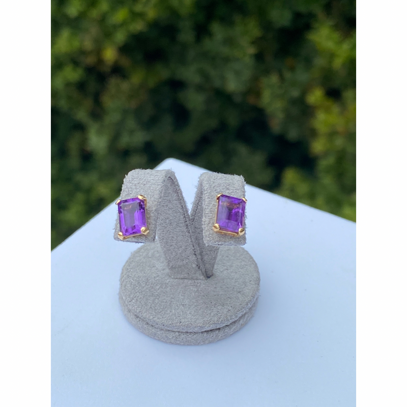 ‘Emerald Cut’ Amethyst Stud Earrings - 9ct Yellow Gold