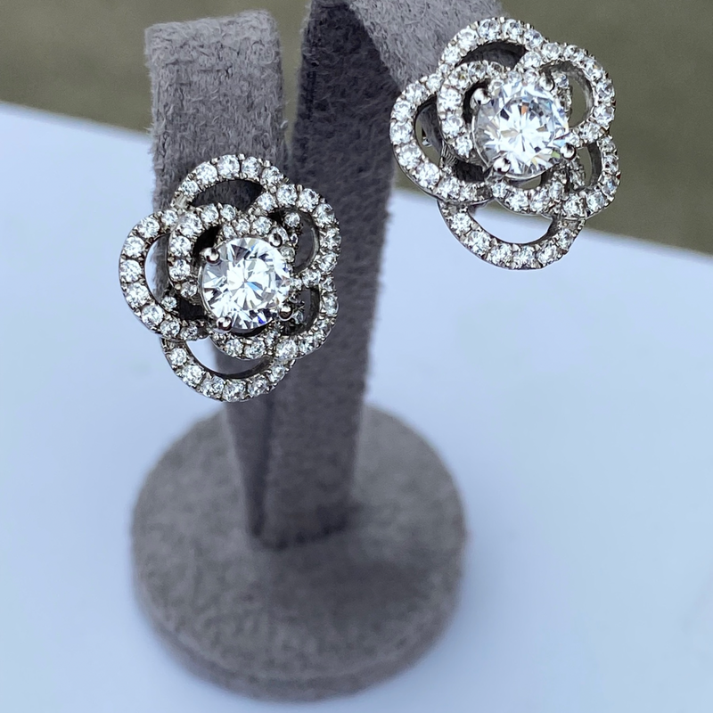 Floral Stud Earrings - 9ct White Gold