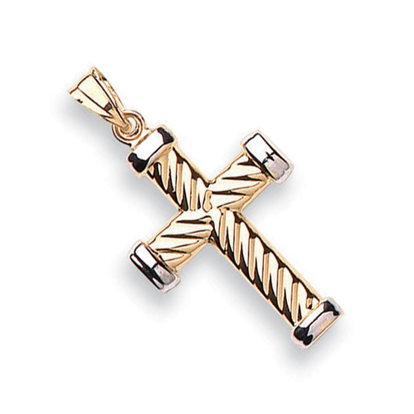 Ribbed Cross Pendant - 9ct Yellow & White Gold