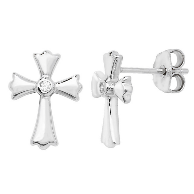 Cross CZ Stud Earrings - Sterling Silver