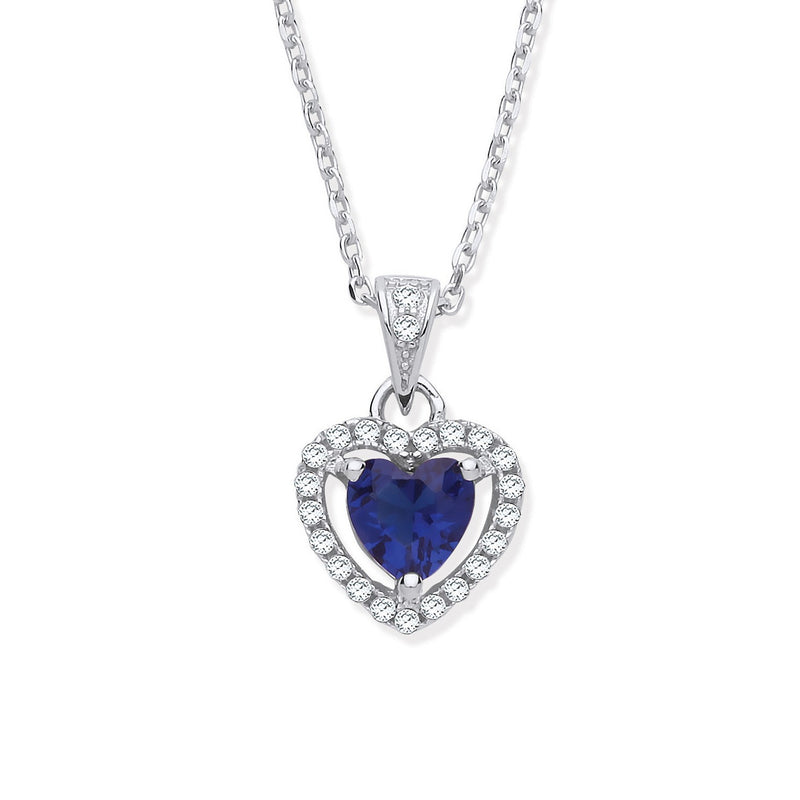 Sapphire CZ Halo Heart Necklace Sterling Silver