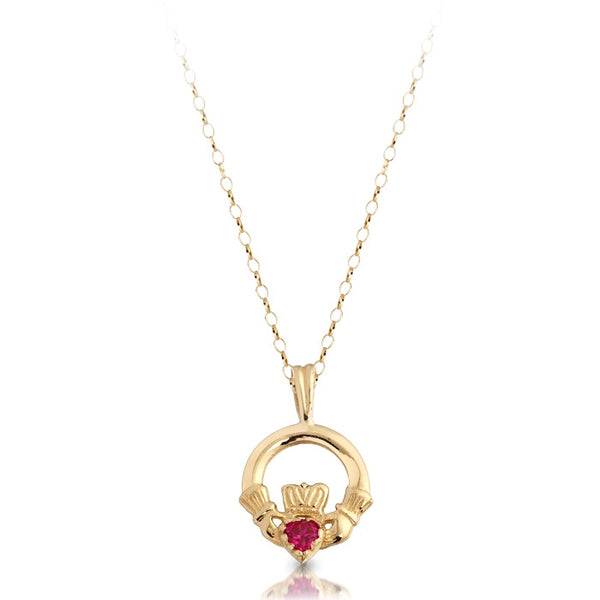 Claddagh Ruby CZ Pendant - 9ct Gold